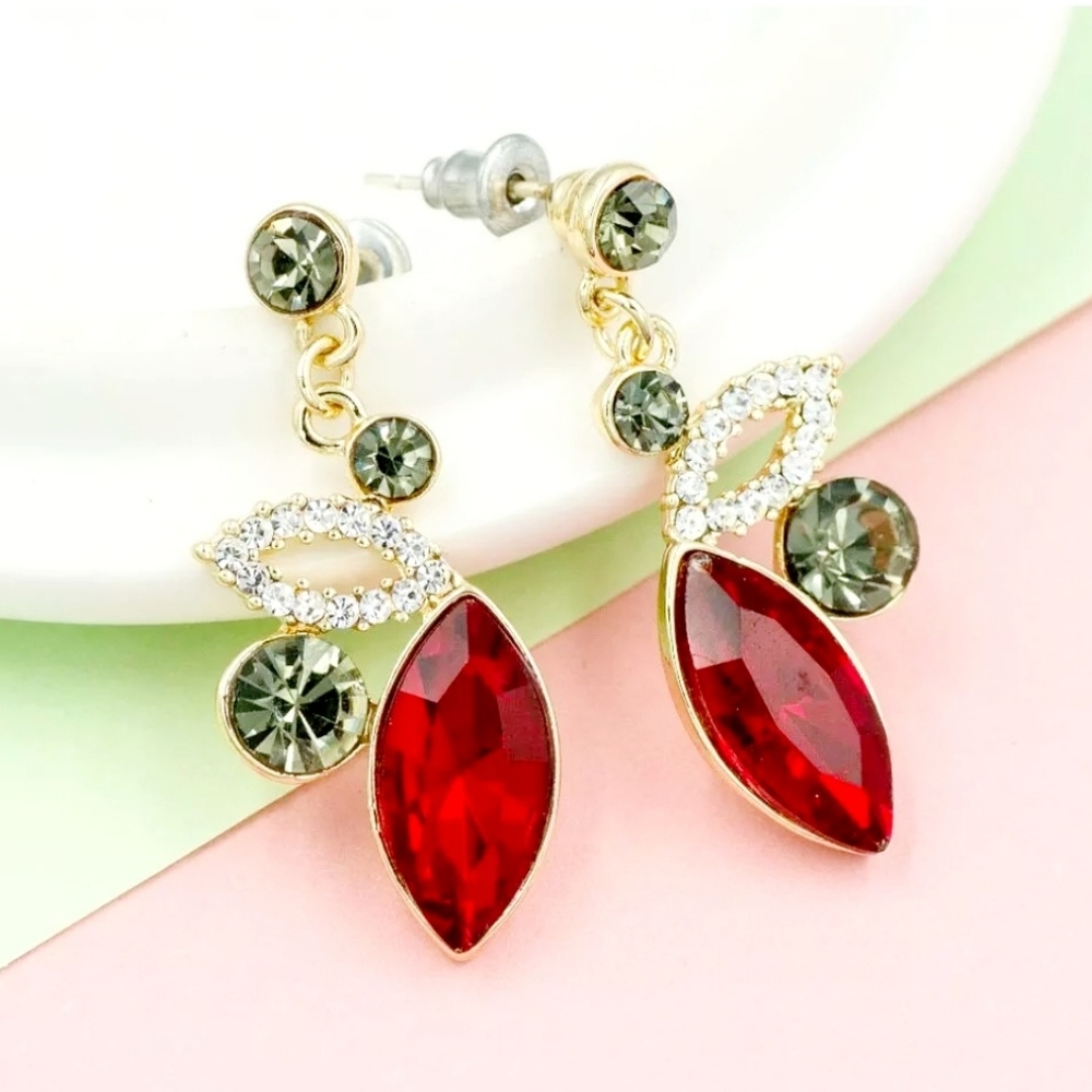 Gold red white Gray crystal drop earrings